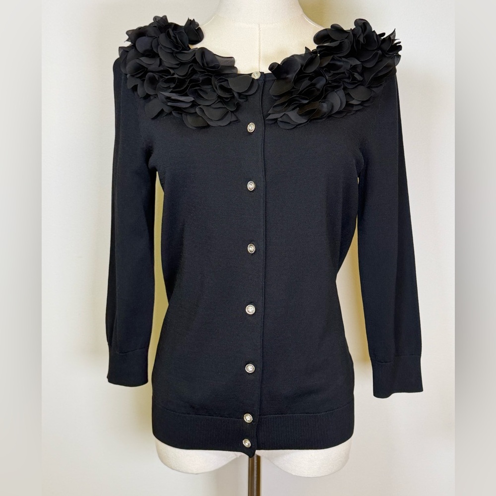 Cable & Gauge Rosette Collar Sparkling Button Front Black Cardigan Womens Small